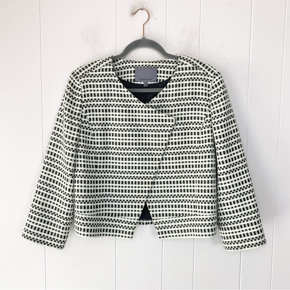 Clasiques Entier Size L Asymmetrical Crop Tweed Jacket 3/4 Sleeves Geo Print - Picture 1 of 13
